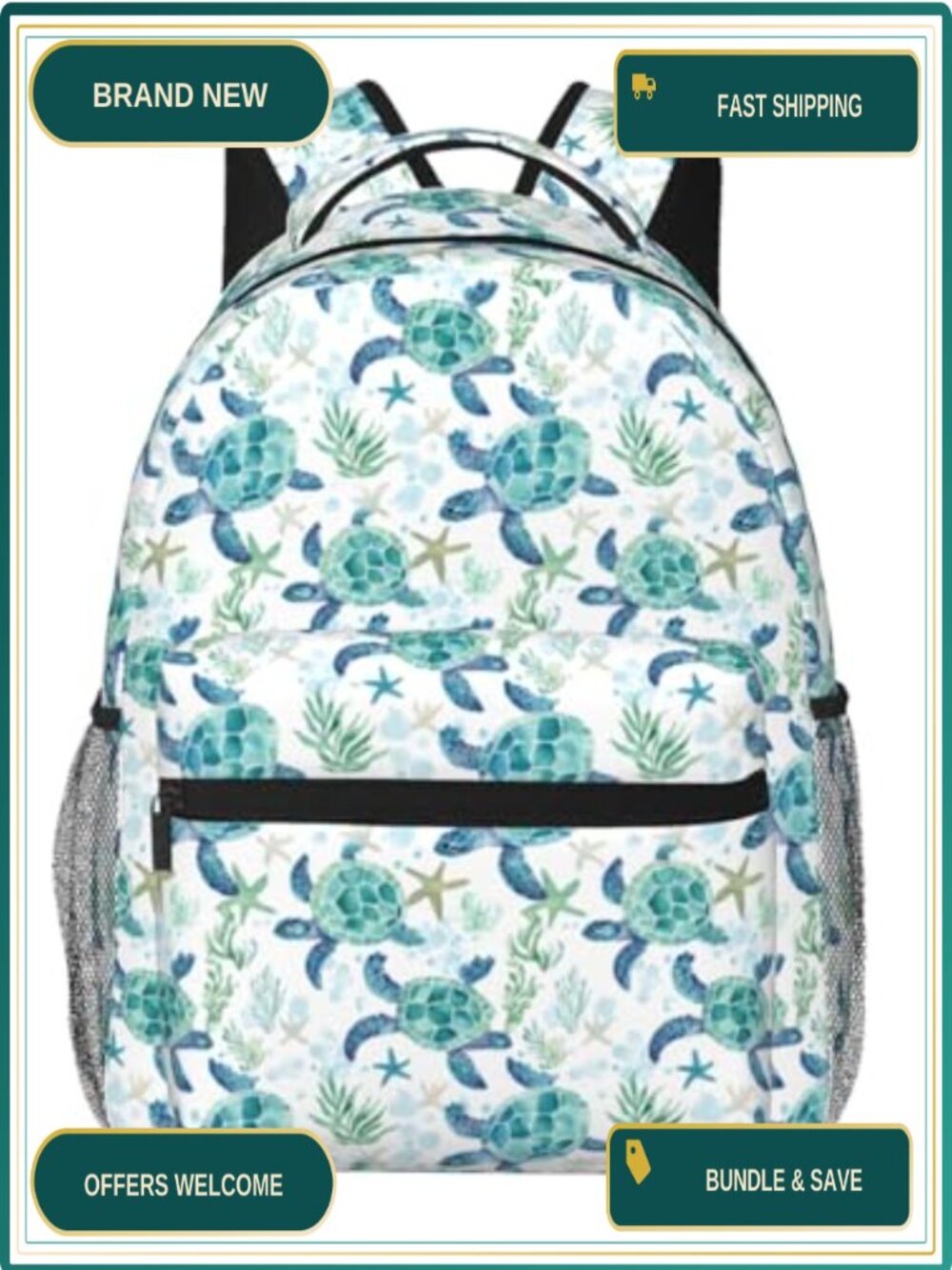 Sea Turtle Backpack for Boys Ocean Lovers Multi-Pocket Polyester Bookbag